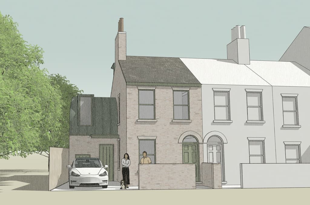 Sketch-style visualisation of Riverside House from the street: a brick end-of-terrace house with a dark-clad side extension, with neighbouring houses drawn in white