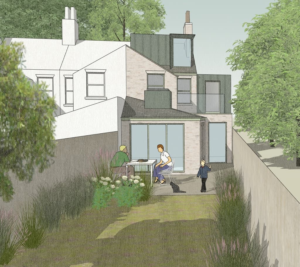 Sketch-style visualisation of Riverside House's rear garden: a glazed single-storey extension, a dark-clad dormer and a first-floor balcony, with a family in the garden